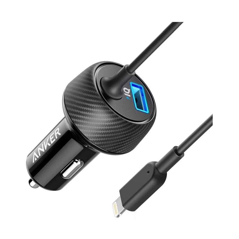 شارژر فندکی ماشین انکر مدل A2214 Power Drive Elite 2 Port 24W iQ به همراه کابل لایتنینگ