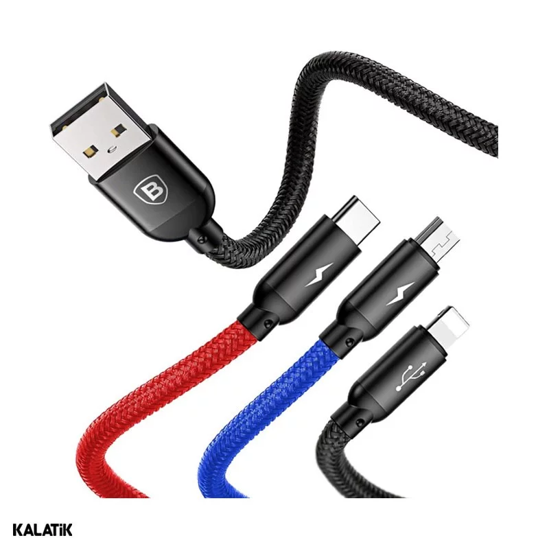 کابل تبدیل Type-A به لایتنینگ/Micro USB/USB Type-C باسئوس مدل CAMLT-ASY01 به طول 30 سانتی متر