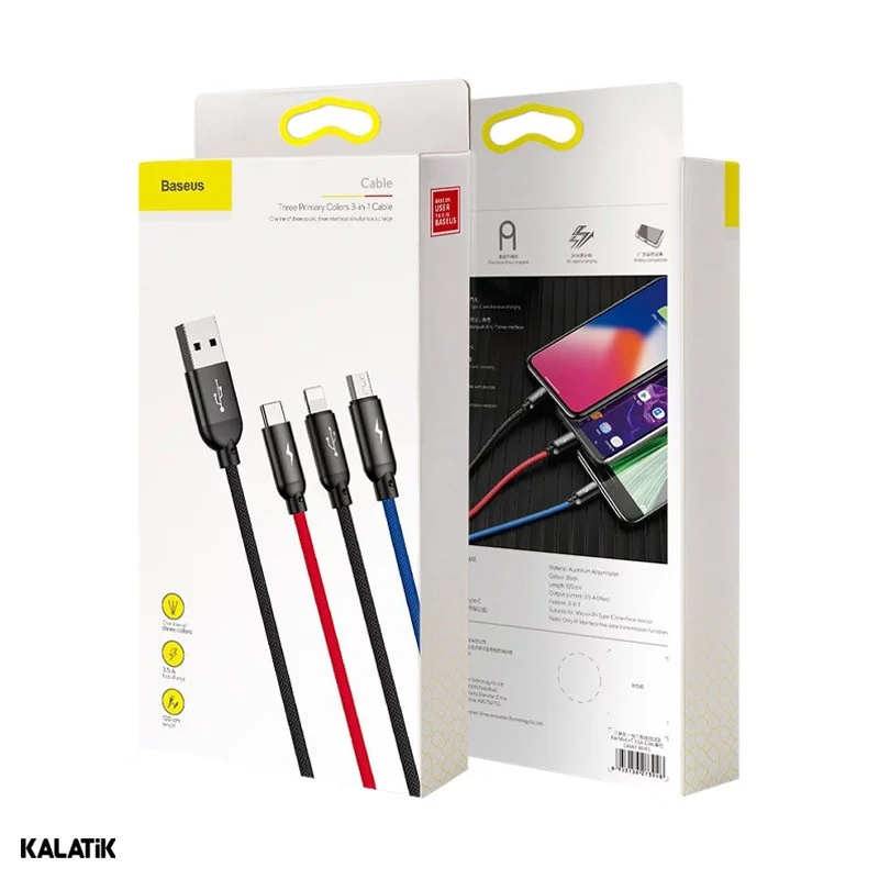 کابل تبدیل Type-A به لایتنینگ/Micro USB/USB Type-C باسئوس مدل CAMLT-ASY01 به طول 30 سانتی متر مشکی اصالت و سلامت فیزیکی کالا