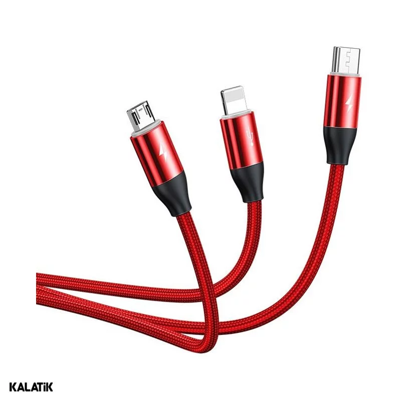 کابل تبدیل USB به لایتنینگ / Micro USB/ / USB Type-C باسئوس مدل CAMLT-FX01 به طول 1 متر اصالت و سلامت فیزیکی کالا مشکی - قرمز