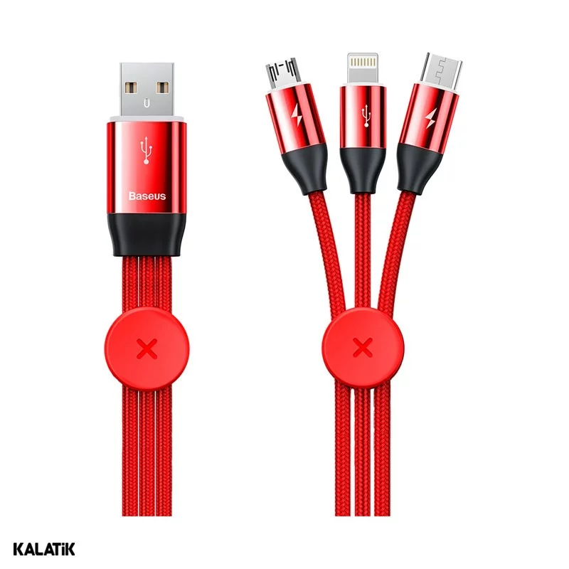 کابل تبدیل USB به لایتنینگ / Micro USB/ / USB Type-C باسئوس مدل CAMLT-FX01 به طول 1 متر اصالت و سلامت فیزیکی کالا مشکی - قرمز