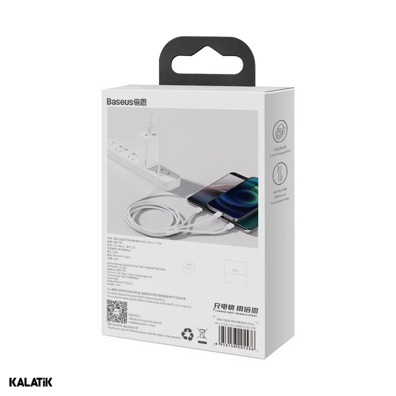 کابل تبدیل Type-A به لایتنینگ/Micro USB/USB Type-C باسئوس Superior Series مدل CAMLTYS-02/03 به طول 1.5 متر