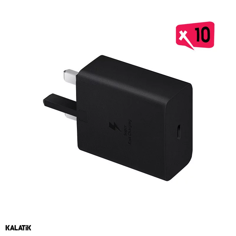 شارژر دیواری 45W سامسونگ اصلی مدل EP-T4510 فست PD تک پورت سه پین به همراه کابل USB-C به USB-C-بسته 10 عددی-شارسل