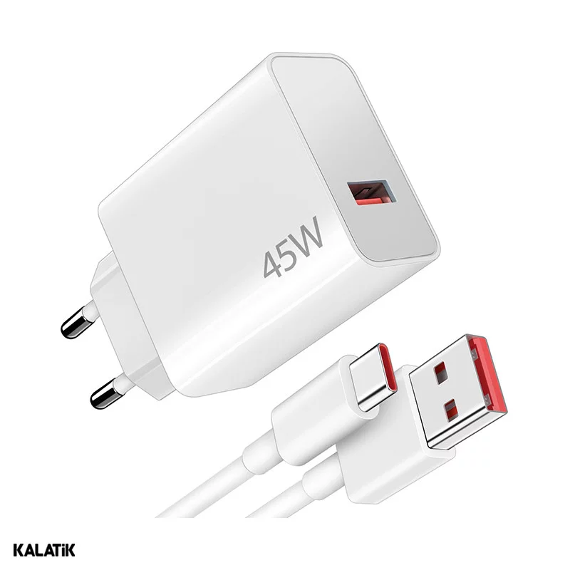 شارژر دیواری 45W شیائومی سر کارتنی مدل MDY-17-EF فست تک پورت دو پین به همراه کابل USB-A به USB-C-شارسل