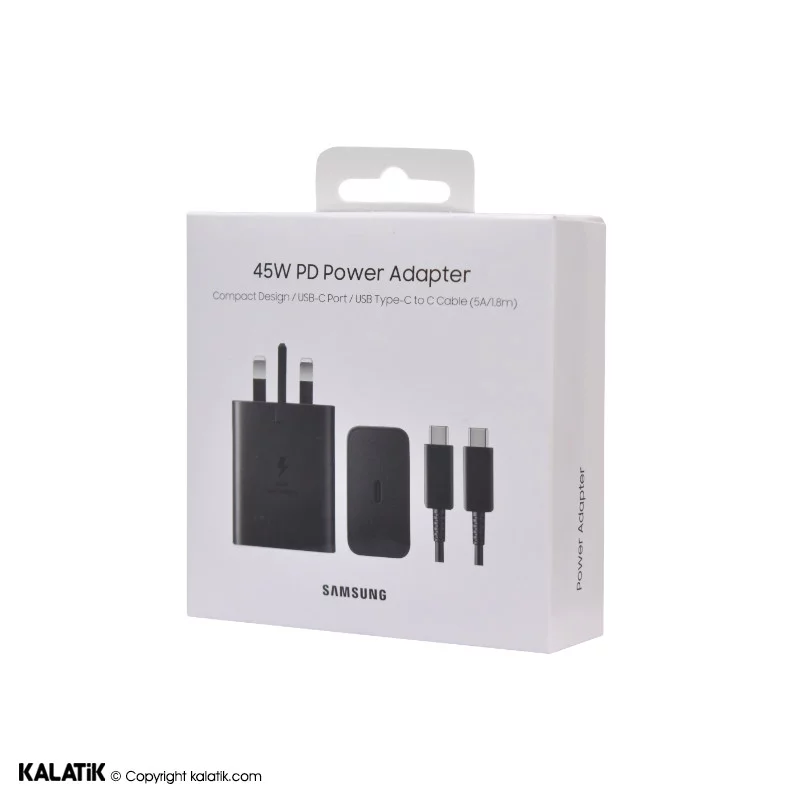 شارژر دیواری 45W سامسونگ کیفیت ++A مدل EP-T4510 فست PD تک پورت دو پین به همراه کابل USB-C به USB-C-شارسل